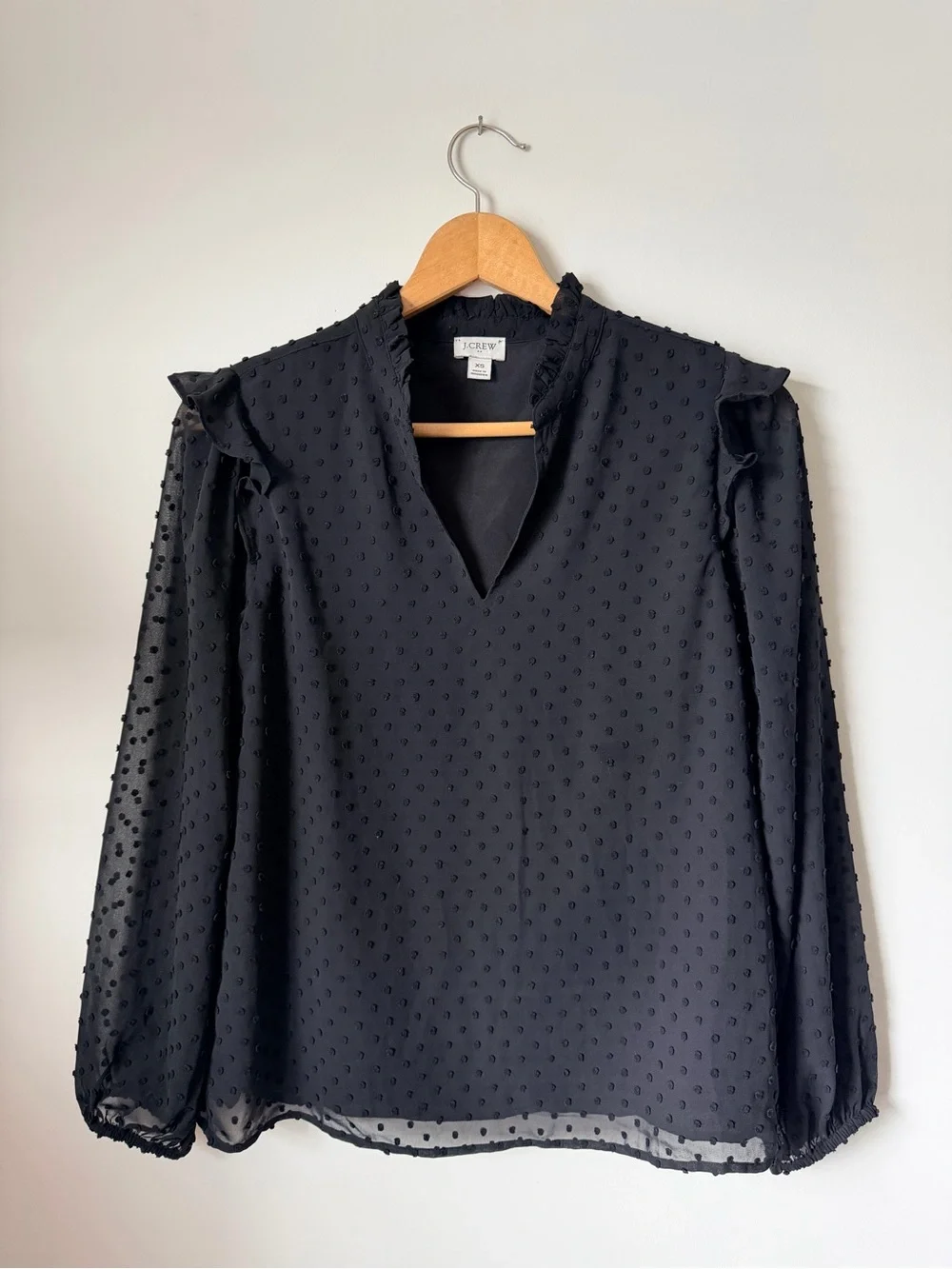 J. Crew Black Swiss Dot V-Neck Long Sleeve Blouse